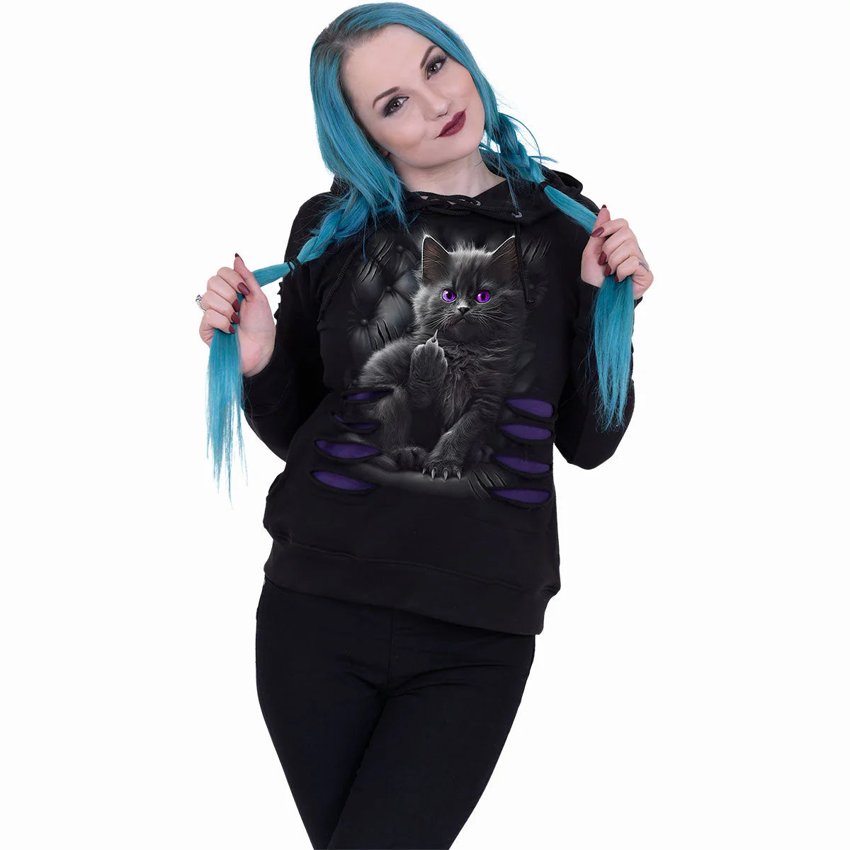CATTITUDE - SPIRAL - LARGE HOOD RIPPED HOODIE