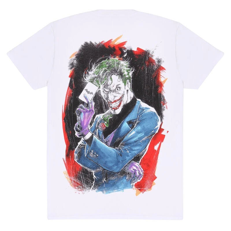 Official DC Comics Joker with Batman Card T-Shirt White Unisex Graphic Fan Tee