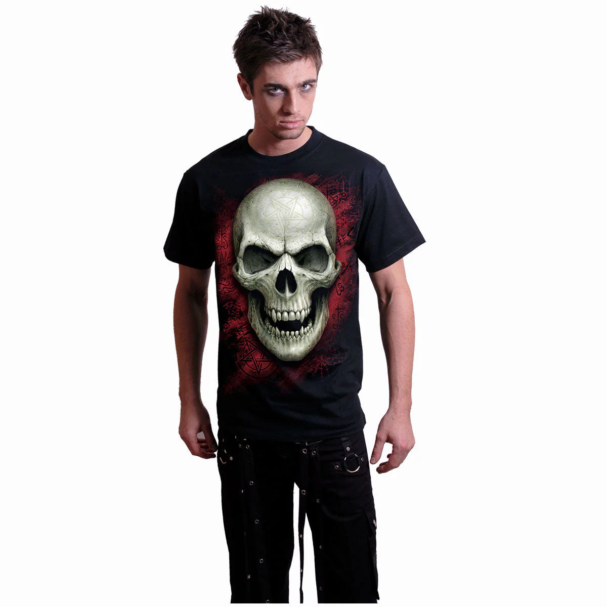 GLOW IN THE DARK - SPIRAL - GOTHIC RUNES - FRONT PRINT T-SHIRT BLACK