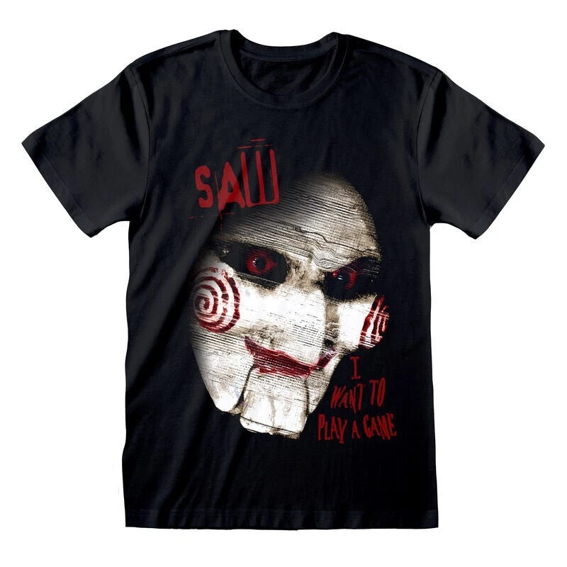 Official SAW T-Shirt – Close-Up Design Jigsaw Face Horror Movie Fan Apparel
