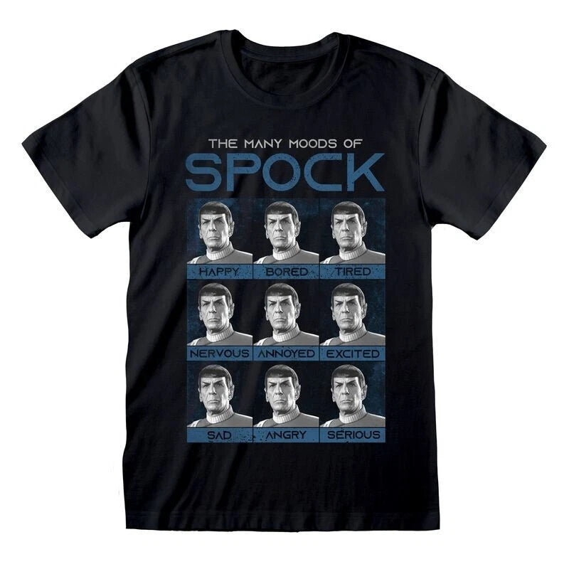 Official Star Trek T-Shirt – Spock Many Moods Retro Vulcan Expression Chart Fan
