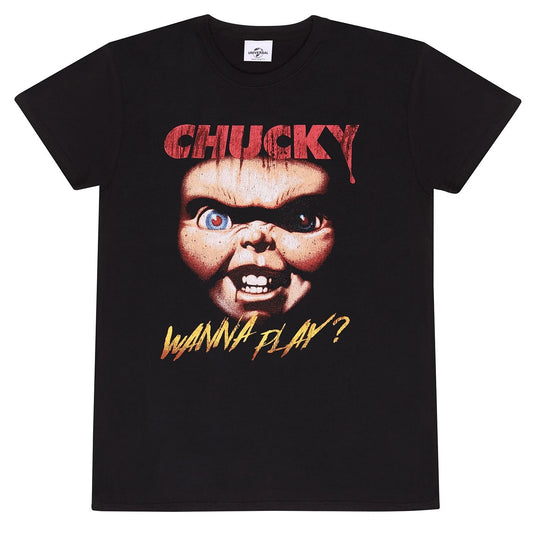 Official Horror Chucky Tee Wanna Play Face Graphic Black Unisex T-Shirt Apparel
