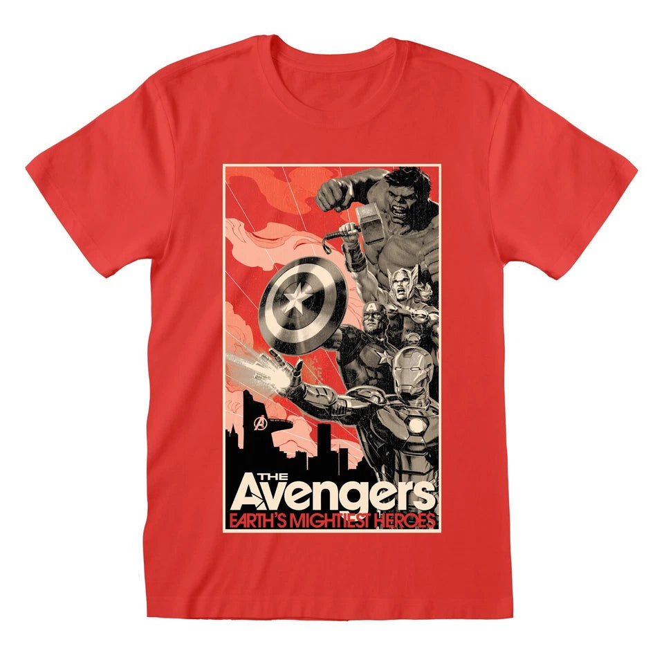 Official Marvel Comics Avengers Red T-Shirt Unisex Fit Classic Poster Design