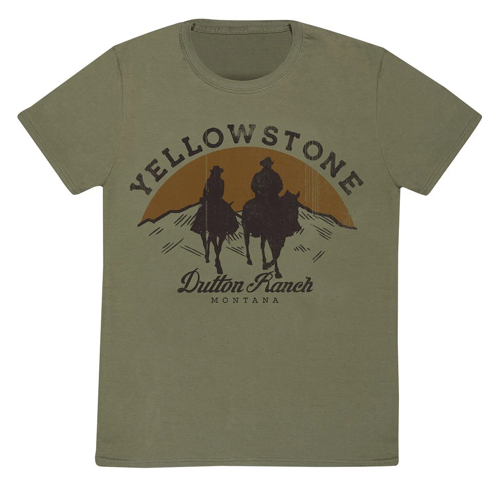 Official Yellowstone Dutton Ranch T-Shirt Olive Green Unisex Faded Print Merch