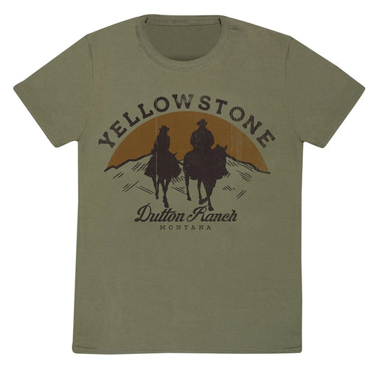 Official Yellowstone Dutton Ranch T-Shirt Olive Green Unisex Faded Print Merch