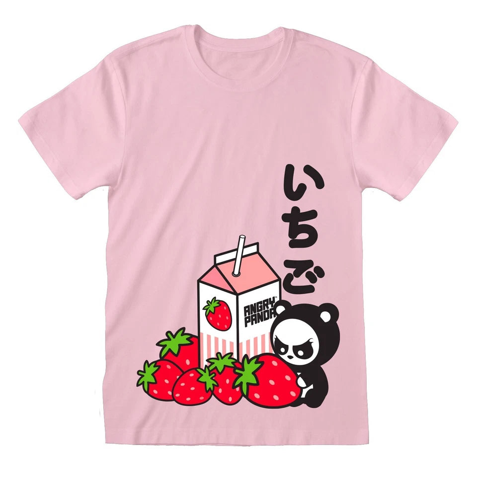 Official Angry Panda Pink T-Shirt with Sweet Strawberry Graphic Retro Fan Merch