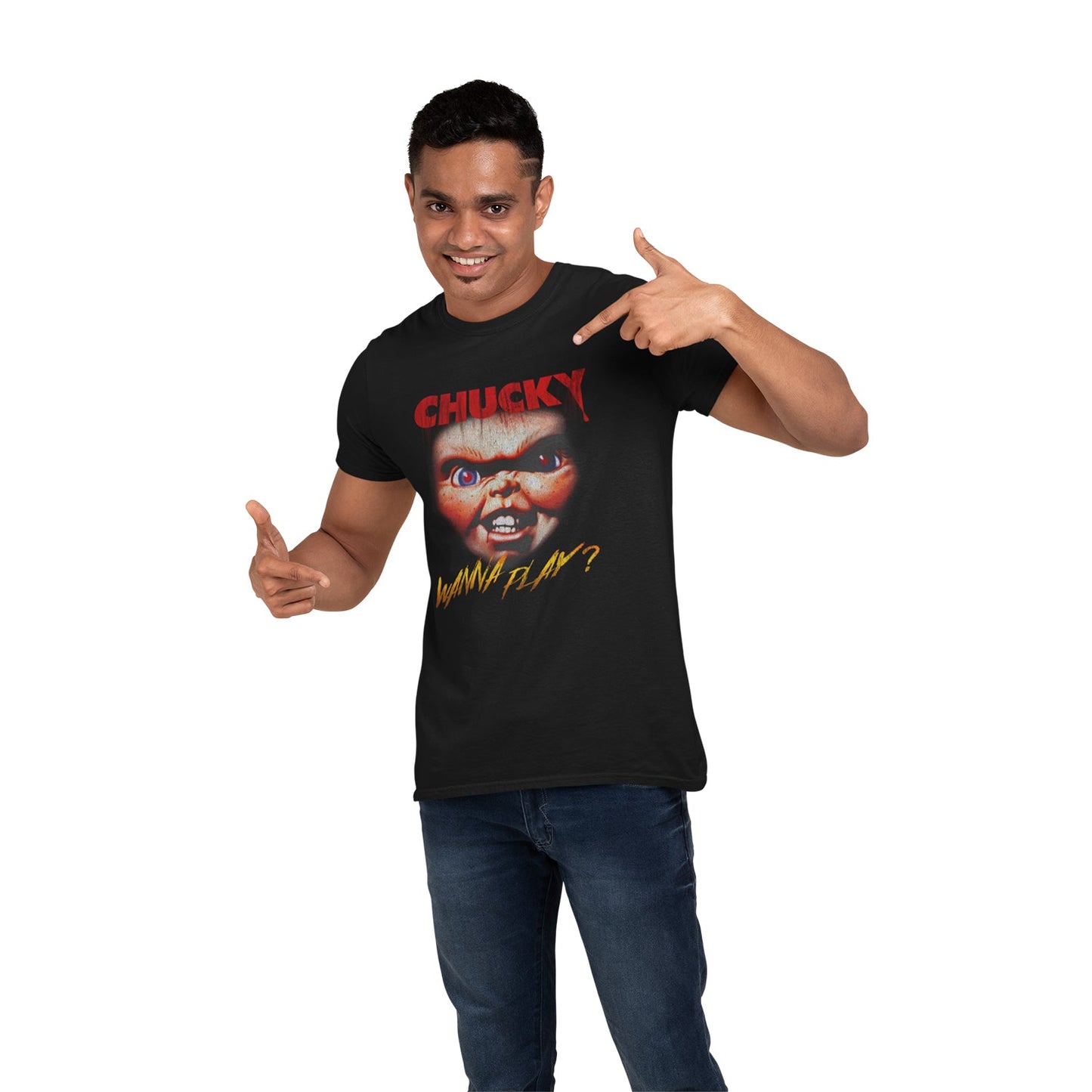 Official Horror Chucky Tee Wanna Play Face Graphic Black Unisex T-Shirt Apparel