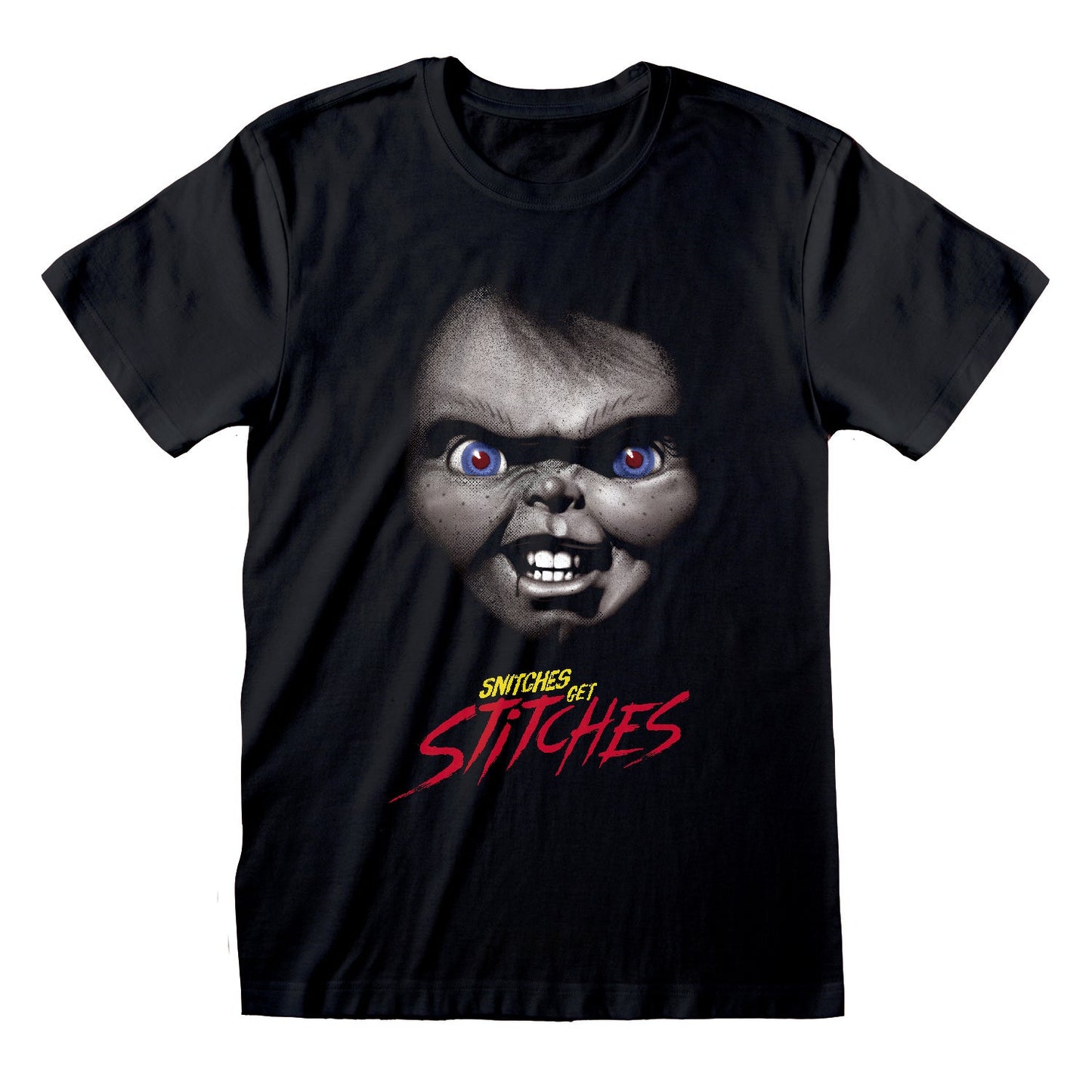 Official Horror Chucky Tee Snitches Get Stitches Black Unisex Graphic T-Shirt