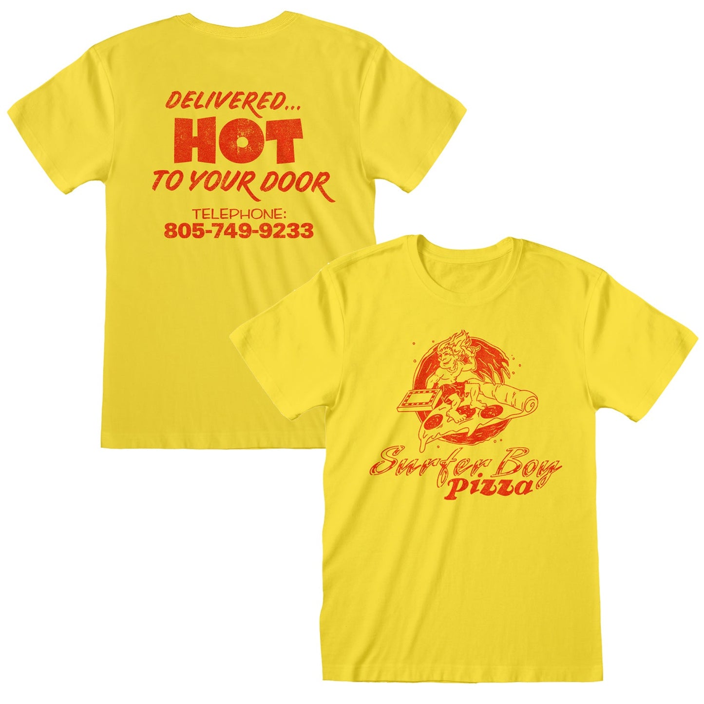 Official Stranger Things Surfer Boy Pizza Yellow T-Shirt with Vintage Back Print