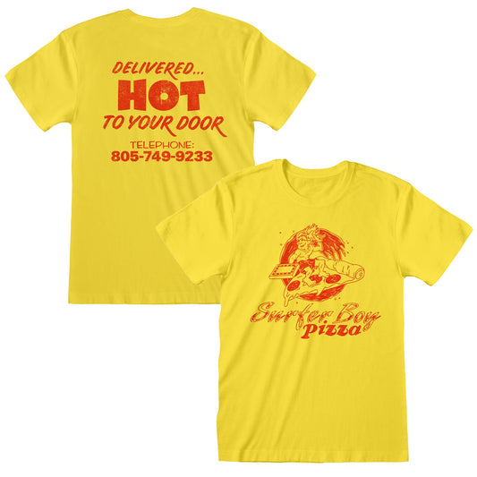 Official Stranger Things Surfer Boy Pizza Yellow T-Shirt with Vintage Back Print